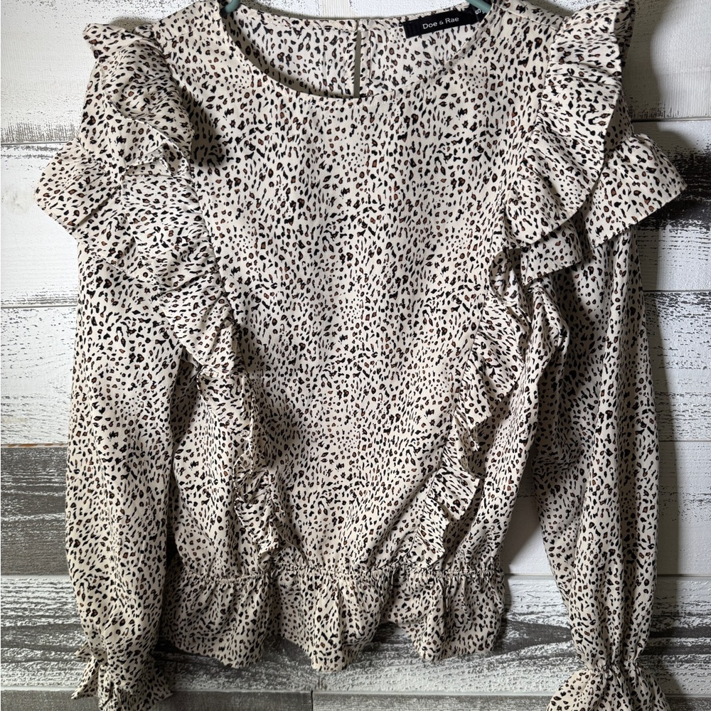 Doe & Rae Ruffled Leopard Print Blouse